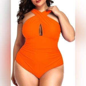 Daci Front Cross Plus Size One Piece Swimsuits Tummy Control Keyhole Orange